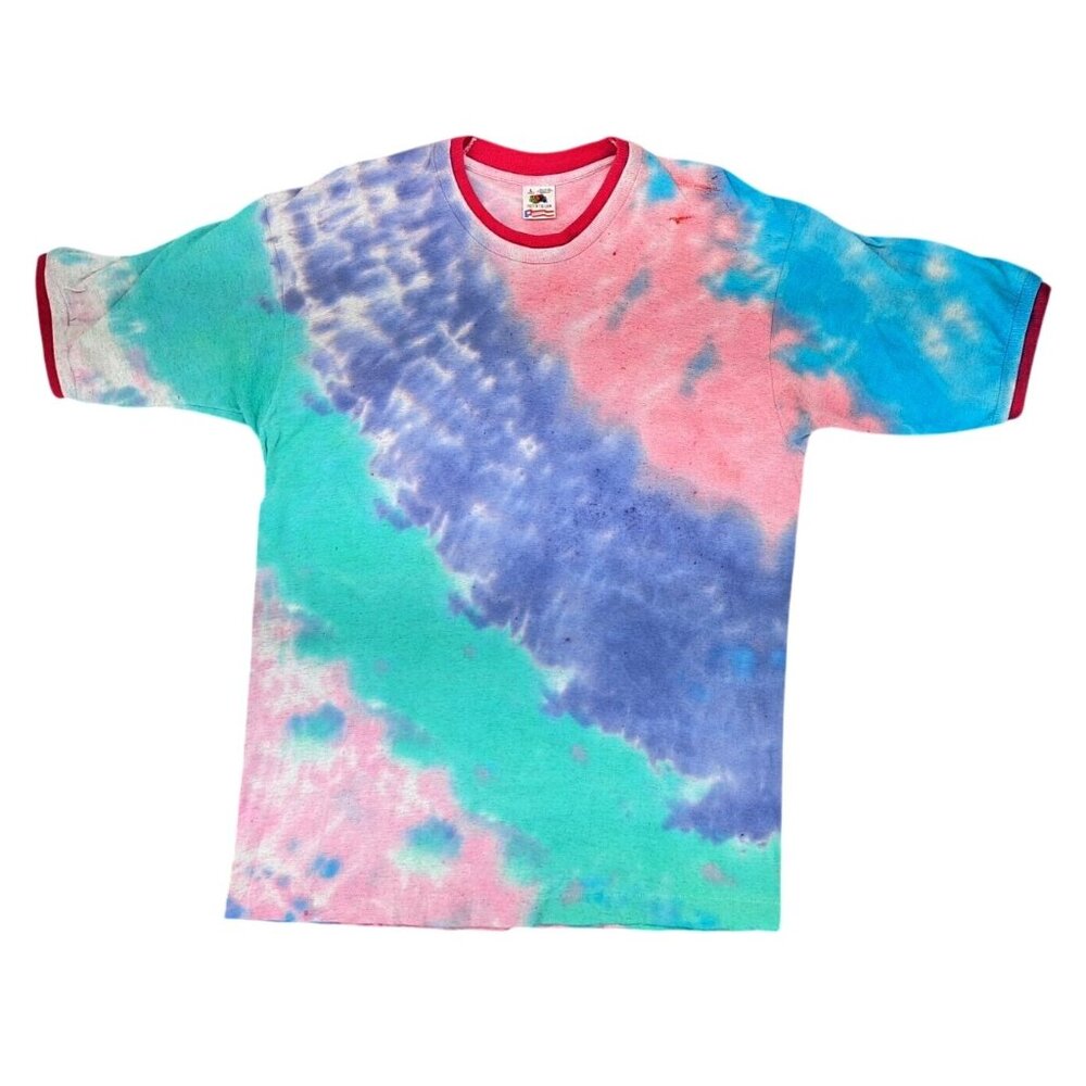 Vintage Fruit Of The Loom Hand Tie-Dye T-Shirt Men Large Ringer Single Stitch